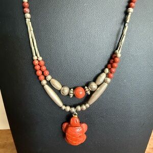 Boho style carved turtle pendant double strand silver tone necklace